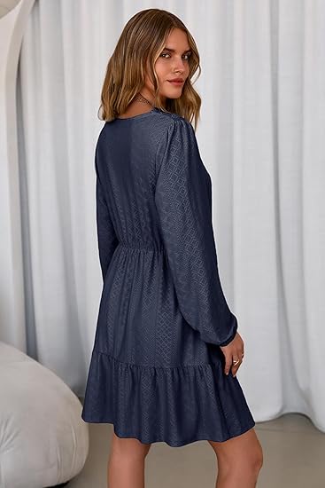 Elegant Lace Hollow Out Embroidered V Neck Long Sleeve Casual A-Line Swing Mini Dress