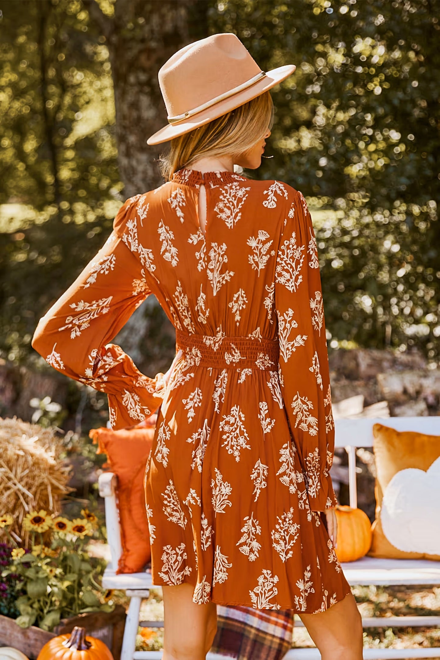 Burnt Orange Floral Blouson Sleeve Mini Dress