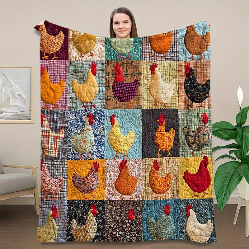 💥🌲🎁Vintage Chicken Print Flannel Blanket🐔