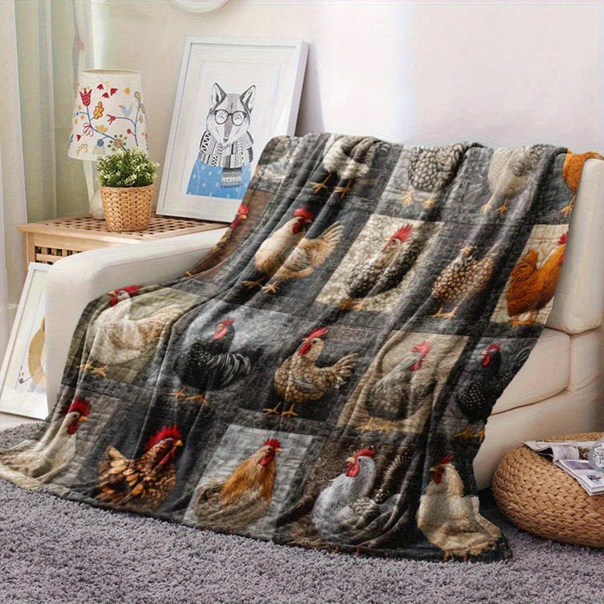 💥🌲🎁Vintage Chicken Print Flannel Blanket🐔