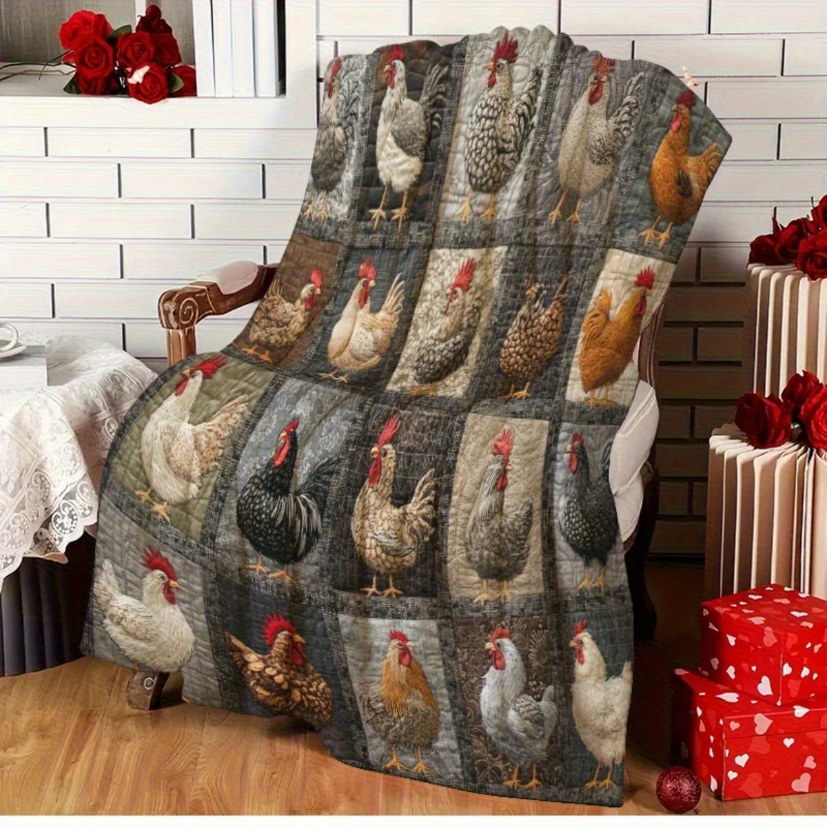 💥🌲🎁Vintage Chicken Print Flannel Blanket🐔
