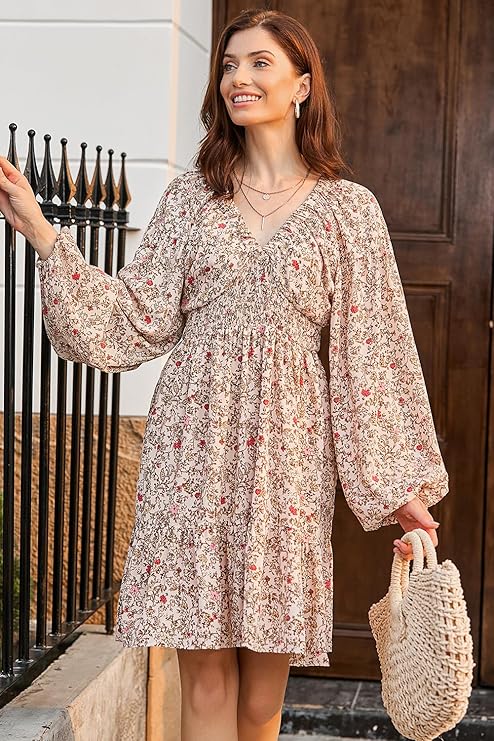 Fall Dresses Boho Floral A-Line Mini Dress Sundress