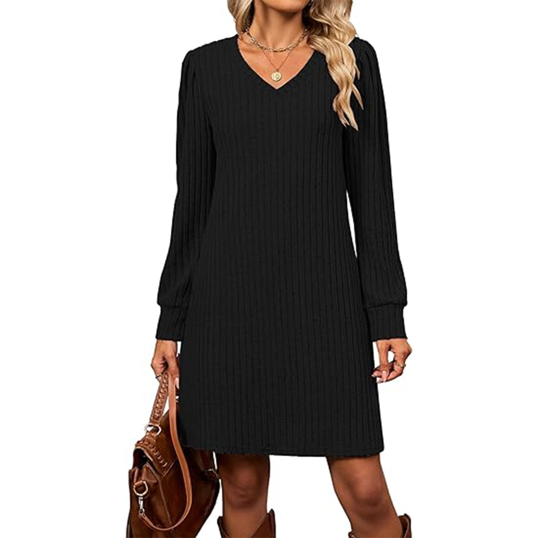 Womens Knit Long Sleeve Fall Dresses Casual V Neck Tunic Sweater Dresses with Pockets