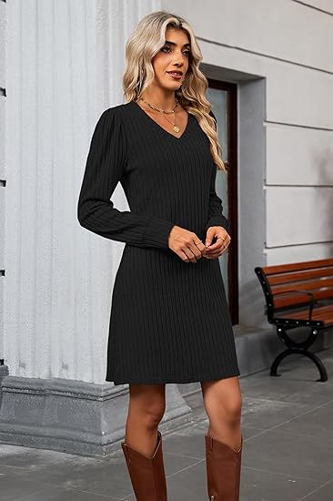 Womens Knit Long Sleeve Fall Dresses Casual V Neck Tunic Sweater Dresses with Pockets