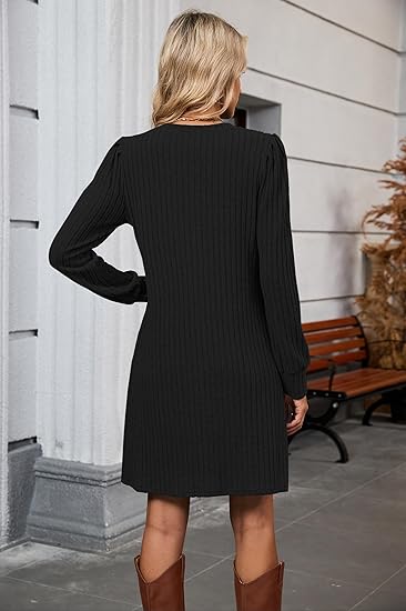 Womens Knit Long Sleeve Fall Dresses Casual V Neck Tunic Sweater Dresses with Pockets