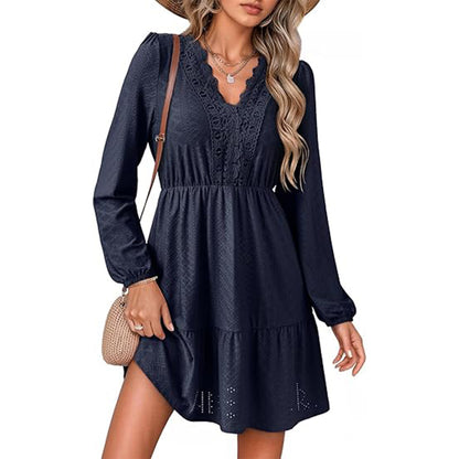 Elegant Lace Hollow Out Embroidered V Neck Long Sleeve Casual A-Line Swing Mini Dress