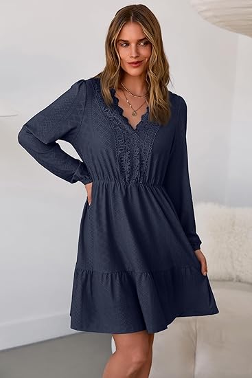 Elegant Lace Hollow Out Embroidered V Neck Long Sleeve Casual A-Line Swing Mini Dress