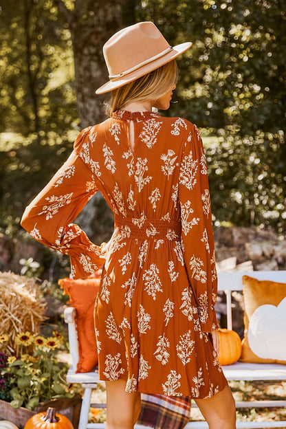 Burnt Orange Floral Blouson Sleeve Mini Dress