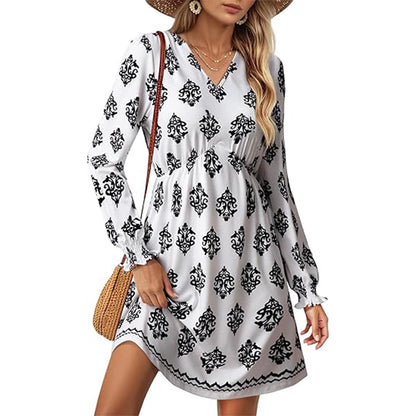 Casual V Neck Lantern Long Sleeve Floral Shirred High Waist A-Line Boho Dress