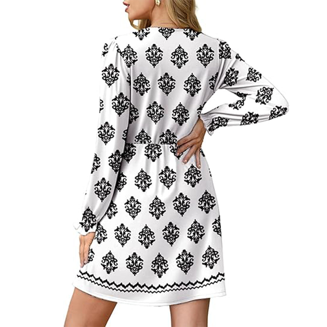 Casual V Neck Lantern Long Sleeve Floral Shirred High Waist A-Line Boho Dress